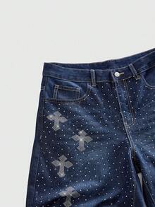 ROMWE MEN Goth Spring/Summer Casual Graphic Men'S Rhinestone Embellished Blue Cross Pattern Denim Bermuda Shorts, Summer - Blue - View 3
