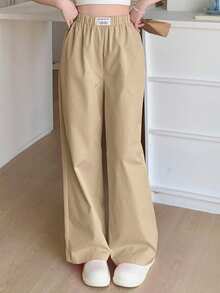 SHEIN 2Pcs Tween Girls Casual Solid Khaki And Black Patch Dec Loose Wide Leg Pants, Black + Pink, Relaxed Style, Back To School Season 2 Pack Pants Baggy Pants 2 Piece Sets Pants Pack Pants Y2k - Khaki - View 12