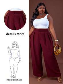 CurvyTilda Trang phục công sở cỡ lớn cho phụ nữ, Quần ống đứng cạp cao màu đen thường ngày, tối giản và hợp thời trang để mặc hàng ngày, Quần áo xuân hè Quần cạp cao Quần rộng cho mùa thu/đông - Màu Đỏ Sâu - Xem 8