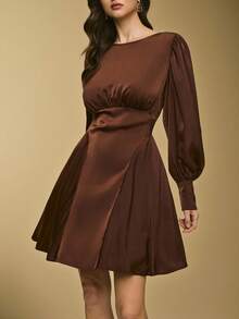 Poéselle 女士纯色圆领泡泡袖优雅时尚连衣裙 - 棕色 - 查看 5