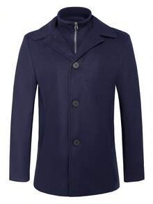 Manfinity Mode 男士时尚冬季拉链纽扣大衣 - 藏蓝色 - 查看 3