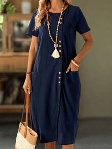 EMERY ROSE Vacation Casual Solid Color Front Button Dual Pocket Dress - Blue - View 4