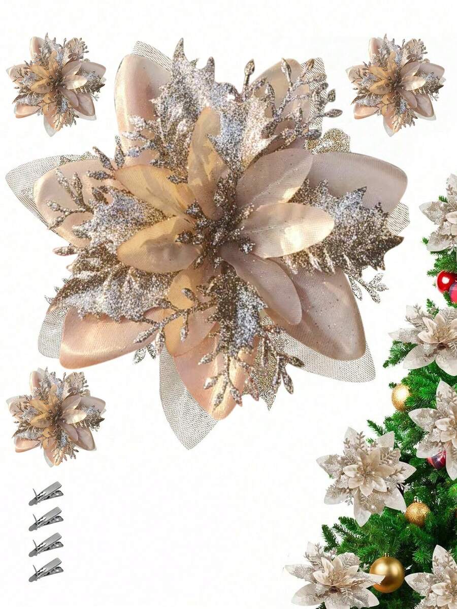 4pcs 14cm Glitter Artificial Christmas Flowers Xmas Tree Ornaments Merry Christmas Decorations For Home New Year Gifts Christmas - Champagne - View 1