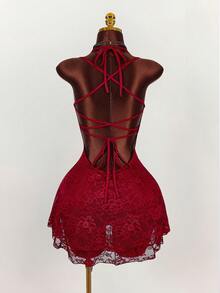 Amplova 复古无袖蕾丝拼接半透明心形胸线修身迷你连衣裙，性感 - 酒紅色 - 查看 2