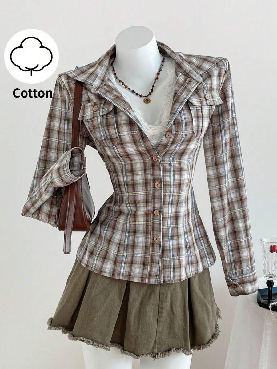 Elamini Áo sơ mi nữ tay dài, cổ bẻ, cài cúc phía trước, màu hồng kẻ caro, chất liệu cotton, dáng ôm, có túi ngực, kiểu dáng cổ điển thanh lịch, thích hợp cho công sở, học sinh, mặc thường ngày, mùa thu/đông. - màu nâu - Xem 1