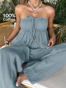 SHEIN EZwear Hazy Blue Woven Women's Bandeau Vacation Casual Outfit Boho  Two Piece Set For Women - Dusty Blue - View 6