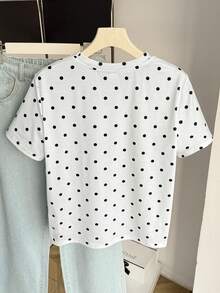 ملابس علوية تي شيرت مطبوع بنقاط بولكا، جميل وحلو للفتيات المراهقات، ملابس علوية كاجوال عصرية وأنيقة للصيف - أبيض - مشاهدة 2