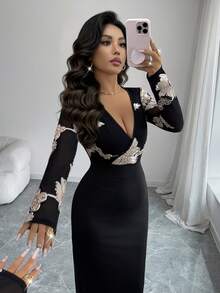 Rafferiza Women's Cross-Neck Deep V-Neck Design, Mesh Embroidery, Three-Dimensional Flowers, Knitted Tight Stretch Dress, Valentine's Day,Suitable For Daily Wear, Weddings, Banquets, Daily Commutes, Graduation Parties, Festival Events - Black - View 8