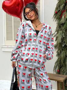 Muchica 灰色爱心字母印花连帽卫衣