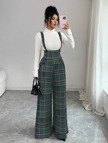 Elenzga Bộ jumpsuit nữ kẻ caro có túi, thời trang, đa năng, thích hợp cho kỳ nghỉ, với ống quần rộng. - Màu xanh lá cây đậm - Xem 4