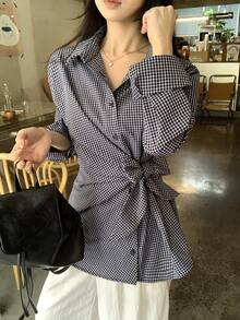 DAZY Women's Casual Tie-Up Korean Style Plaid Long Sleeve Shirt