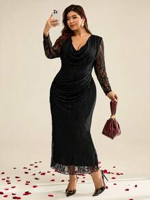 Auralis 新款时尚弹力网纱透视紧身深V领收腰连衣裙，性感深V领垂褶长袖优雅礼服，适合派对、婚礼等场合，大码尺码 - 黑色 - 查看 5