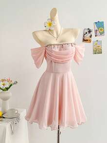 Soleia Elegant Off-Shoulder Tube Top Tie Strap Mini Princess Dress, Cream Yellow, Suitable For Afternoon Tea, Brunch, Puff Sleeves, Graduation, Wedding, Easter, Graceful - Pink - View 3