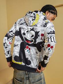 Felix The Cat X SHEIN Men's Casual Pop Art Print Loose Fit Drop Shoulder Hooded Sweatshirt, Fashionable Street Style For Daily Commute, Spring/Autumn - White - View 7