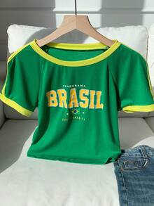 SHEIN EZwear Brazil Letter Graphic Contrast Trim Raglan Sleeve Crop Tee - Green - View 5
