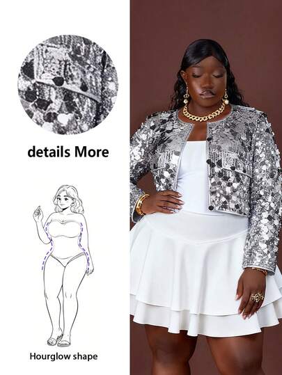 CurvyTilda Giacca corta versatile con collo rotondo e paillettes argentate lucide, adatta per occasioni di festa in autunno/inverno, taglie comode