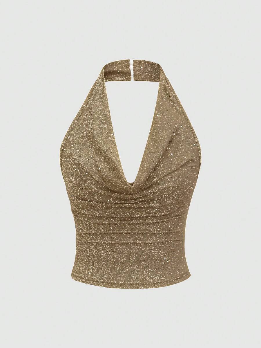 SHEIN PETITE Women's Sequin Metallic Knit Halter Neck Cropped Camisole Top, Sexy Bodycon Backless Top - Khaki - View 1