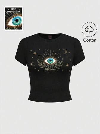 Gothic Mysterious Eye, Sun And Moon Print Black T-Shirt For Women