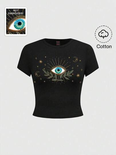 Goth Gotischer mysteriöser Augen-, Sonne- und Mond-Muster Schwarzes T-Shirt für Frauen