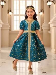 1pc Girls Green Moon & Star Print Floral Trim Princess Style Short Sleeve Mini Dress, Elegant For Daily Wear, School, Party, Photo Shoot, Family Gathering Girls Turquoise Dress Kids Jacquard Dresses Girls Dresses Elegant Teal Toddler Girls Kids Arabic Dress Kids Dresses For Girls Blue - Dark Green - View 5