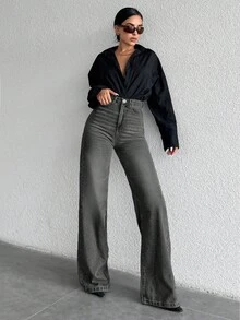 SHEIN Quần jean ống rộng cạp cao 100% cotton - Màu xám đen - Xem 5