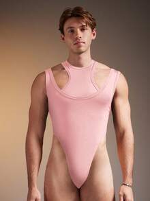FeverCity Men's Fashionable Solid Color Hollow Out Sleeveless Jumpsuit - Pink - View 1