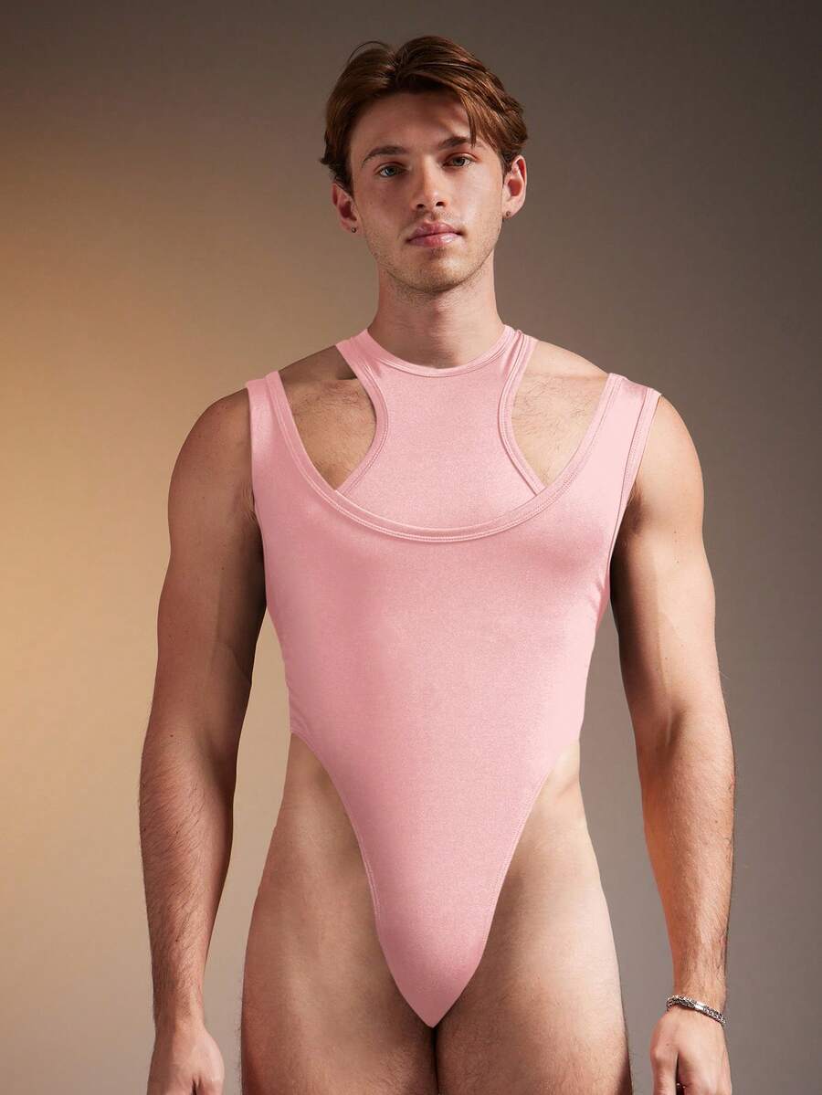 FeverCity Men's Fashionable Solid Color Hollow Out Sleeveless Jumpsuit - Pink - View 1