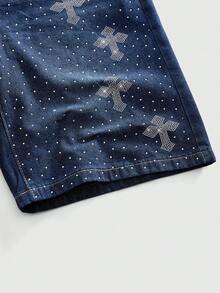 ROMWE MEN Goth Spring/Summer Casual Graphic Men'S Rhinestone Embellished Blue Cross Pattern Denim Bermuda Shorts, Summer - Blue - View 4