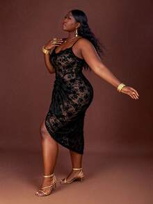 CurvyTilda 大码女式植绒垂坠领长款吊带裙，适合初秋/秋冬季 - 黑色 - 查看 2