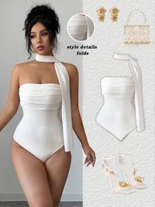 Elenzga Elegant Women's Bodysuit With Ribbed Mesh Patchwork, Ruched Bust, And Ribbon Neck Tie, Casual Vacation Wear For Early Spring/Summer, Stylish Apricot Top