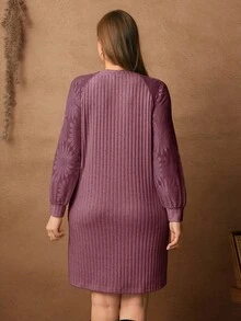 Rosumi 大码纯色圆领长袖罗纹宽松休闲连衣裙 - 紫色 - 查看 10
