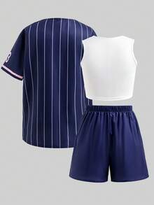 SHEIN 少女黑色条纹复古字母印花宽松外套、黄色修身吊带背心和黄色短裤 - 寶藍色 - 查看 2