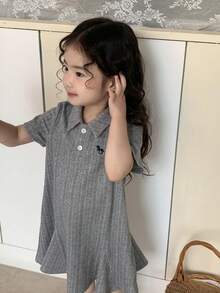 DAZY 女童翻领卡通刺绣休闲纯色短袖连衣裙，春夏款 - 灰色 - 查看 5