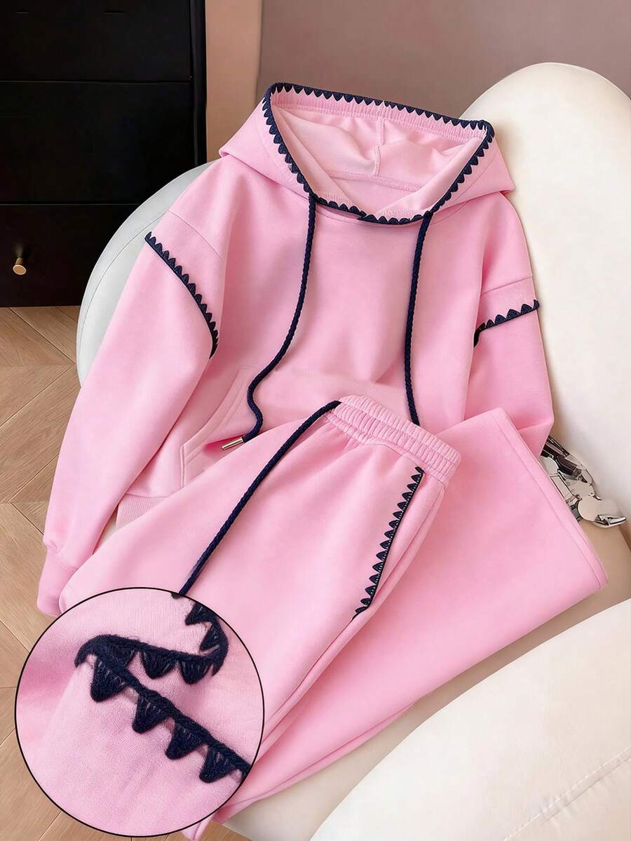 Resyla 两件套：时尚简约蕾丝边连帽衫，送朋友的绝佳礼物 - 粉色 - 查看 1