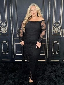 Hourglow Dollyholly86 Plus Size Women's Lace Off Shoulder Ruched Ruffle Hem Romantic Flowy Elegant Party Long Bodycon Green Dress,Graduation Dress, For Hourglass Body Shape - Black - View 3