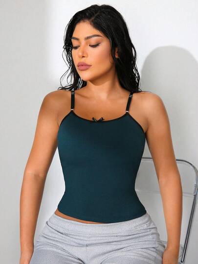 NudeFit Women's Fashionable Solid Color Ribbed Bow Decor Fitted Cropped Cami Top