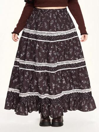 Fairycore Jupe évasée à dentelle contrastante à fleurs marguerite pour grandes tailles