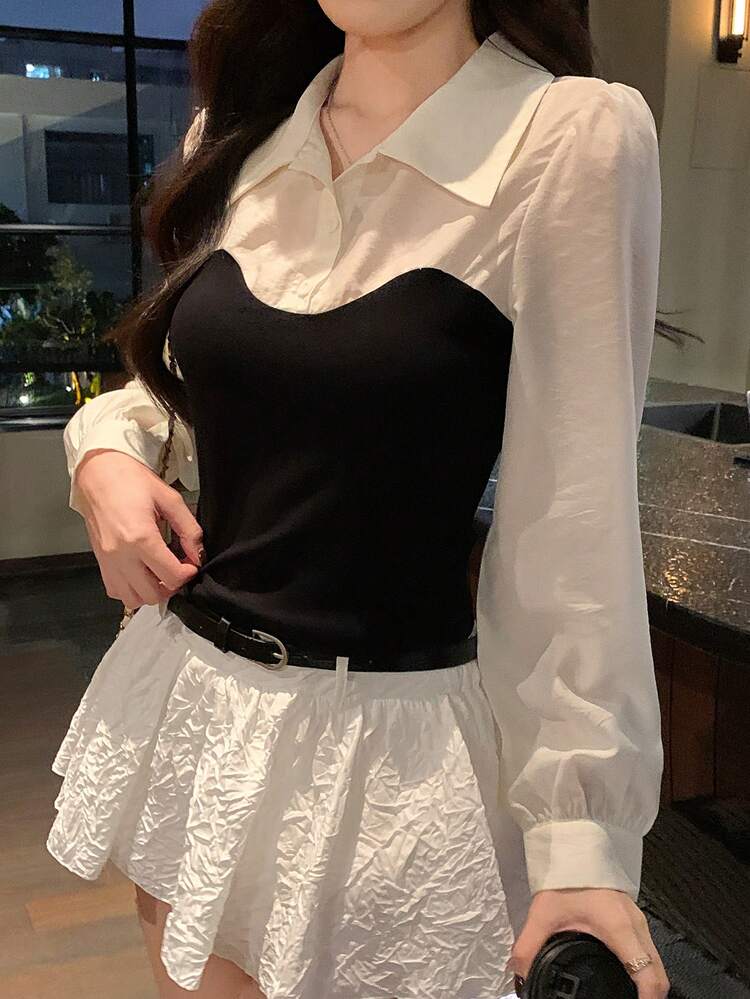 Women's Turndown Collar Contrast Color Long Sleeve Waist Fitted Korean Style Shirt