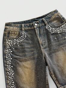 ROMWE MEN Street Life Men's Fashionable Rhinestone & Rivet Decor Vintage Washed Denim Shorts - Medium Wash - View 3
