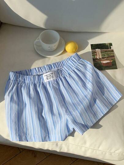 Comfortcana Plus Size Blue & White Striped Casual Vacation Shorts, Spring/Summer 2026 New Arrival