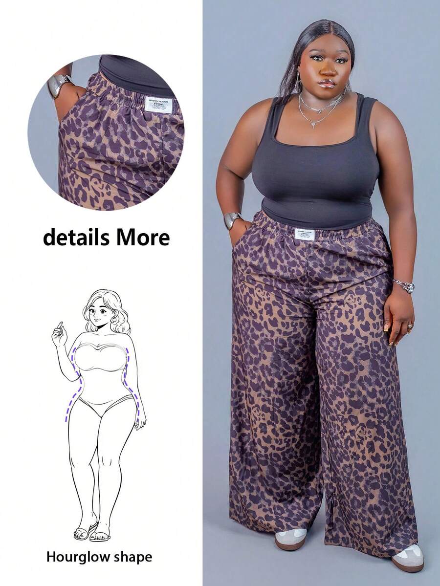 CurvyTilda 大码女式豹纹字母拼接口袋阔腿休闲裤，豹纹阔腿裤，大码豹纹阔腿曲线秋季裤，适合沙漏型身材 - 棕色 - 查看 1