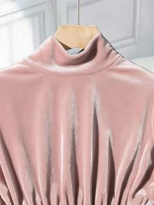 GlowEve Women's High Neck Ruched Velvet Fabric Ruffle Hem Elegant Cinched Waist Long Sleeve T-Shirt, Suitable For Dates, Holidays, And Parties - Pink - View 3