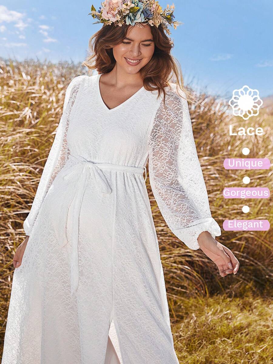 Boho Mama Spring Outfit Women Maternity Solid Color Long Sleeve V-Neck Contrast Lace Dress,White Lace Slit Maxi Dress For Pregnant Women - White - View 1