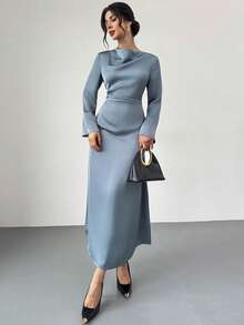 Firerie 女士新款优雅简约日常休闲通勤连衣裙，长袖褶皱领抽绳腰身修身连衣裙，蓝色缎面连衣裙，优雅通勤连衣裙，适合春秋冬三季，优雅百搭，适合通勤、音乐节、浪漫约会、派对、婚礼季、毕业典礼、舞会、演出、演唱会、工作场合、返校季、女士度假装、女士生日套装、女士教师装 - 灰藍色 - 查看 6