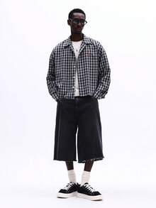 SUMWON Men's Long Sleeve Checked Graphic Button Down Shirt With Embroidered Logo Detail Regular Fit Collared Top - Black and White - View 7