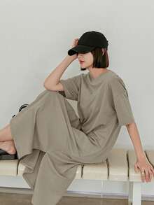 Dazy-Less Ladies" Summer Round Neck Drop Shoulder Short Sleeve Loose Solid Color Casual Dress Sundress Business Casual Women Maxi Dress - Grey - View 2