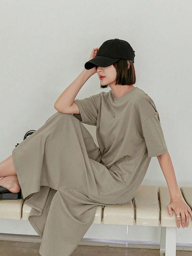 Ladies" Summer Round Neck Drop Shoulder Short Sleeve Loose Solid Color Casual Dress Sundress Business Casual Women Maxi Dress