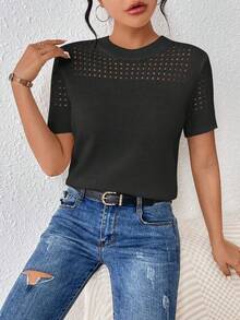 EMERY ROSE 女士圆领纯色短袖针织上衣，适合夏季和新年穿着 - 黑色 - 查看 6