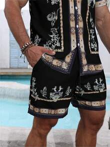 VENTUSAIL Men's Casual Summer Vacation Printed Button-Front Short Sleeve Shirt And Shorts Set, Holiday - Black - View 3