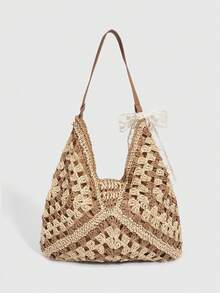 ROMWE Fairycore 1 chiếc túi xách nữ kiểu khu nghỉ dưỡng bãi biển nhiệt đới, dệt rỗng, màu kaki, dung tích lớn. - Màu - Xem 6